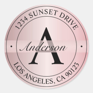 Elegant Monogrammed Faux Rose Gold & Black Address Classic Round Sticker