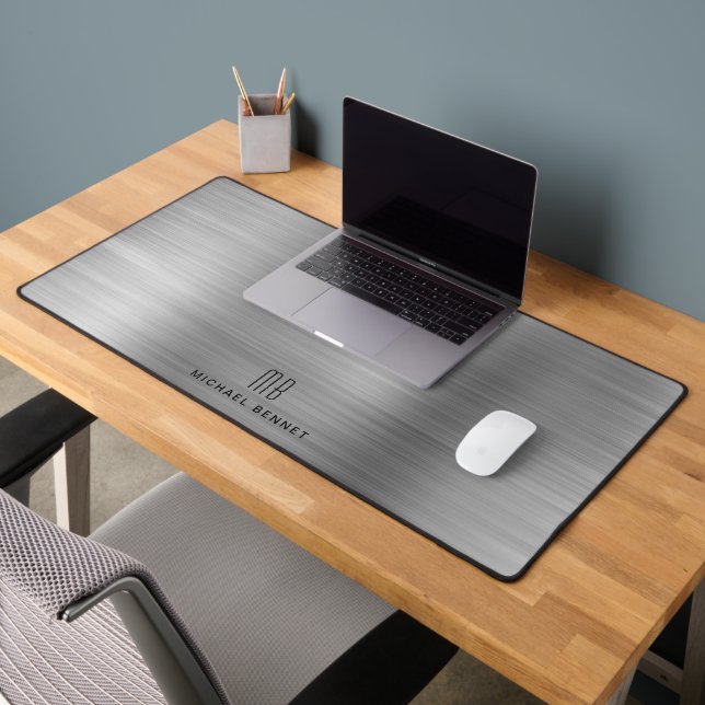 Elegant Monogrammed Faux Silver Brushed Metallic Desk Mat (Office 2)