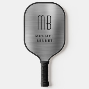 Elegant Monogrammed Faux Silver Brushed Metallic Pickleball Paddle