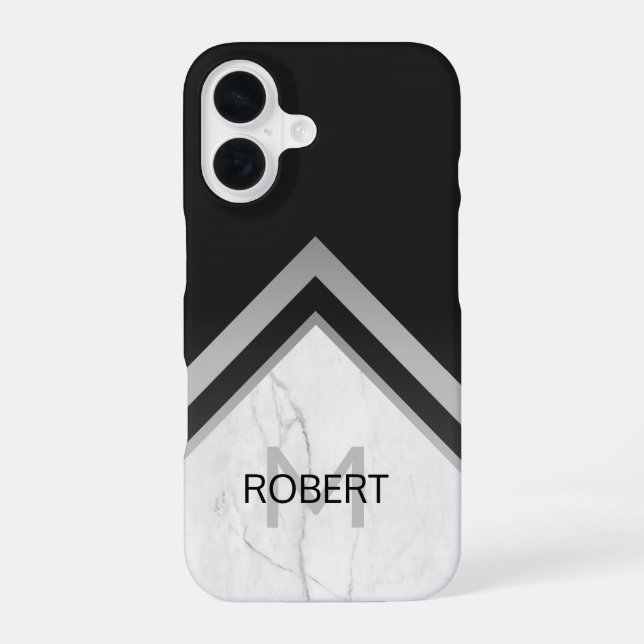 Elegant Monogrammed Geometric Black Silver Marble iPhone 16 Case (Back)