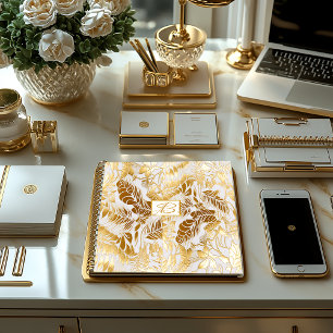 Elegant Monogrammed Gold and Ivory Monstera Leaf Notebook