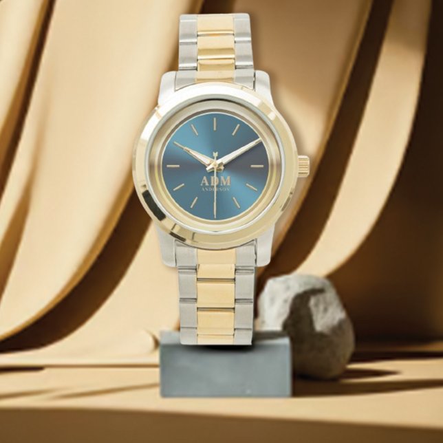 Elegant Monogrammed Gold Blue Metallic Watch (Creator Uploaded)