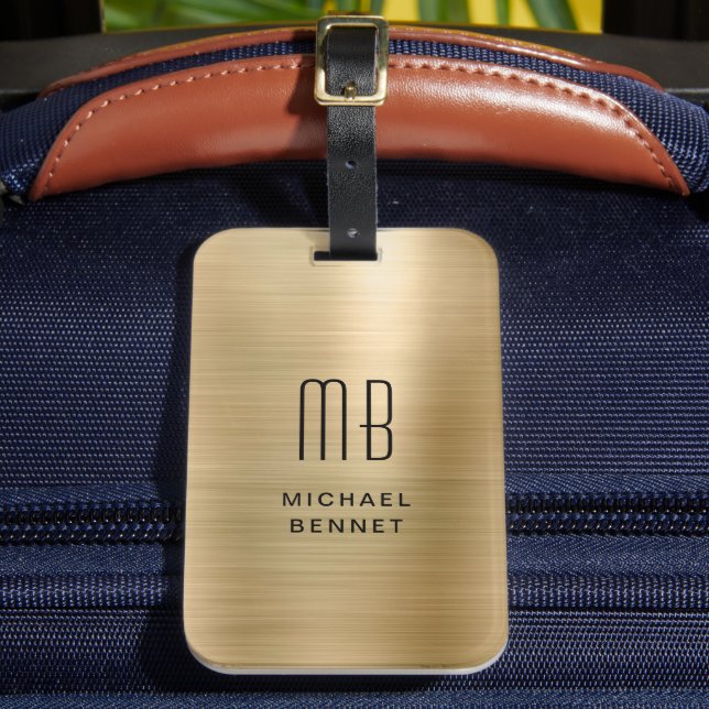Elegant Monogrammed Gold Brushed Metallic Luggage Tag (Front Insitu 2)