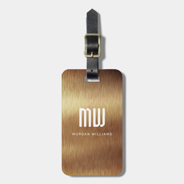 Elegant Monogrammed Gold Brushed Metallic Luggage Tag (Front Vertical)