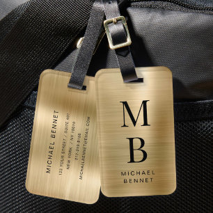 Elegant Monogrammed Gold Brushed Metallic Luggage Tag