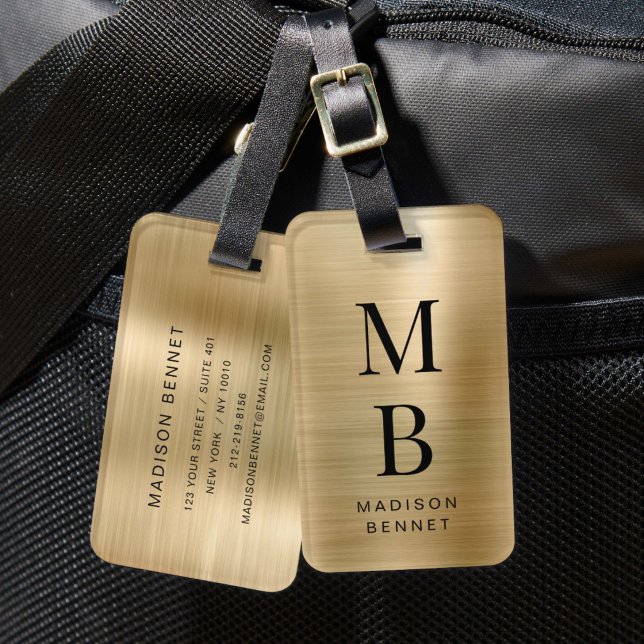 Elegant Monogrammed Gold Brushed Metallic Luggage Tag (Elegant Monogrammed Gold Brushed Metallic Luggage Tag)