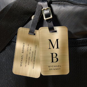 Elegant Monogrammed Gold Brushed Metallic Luggage Tag