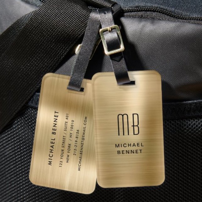 Elegant Monogrammed Gold Brushed Metallic Luggage Tag (Elegant Monogrammed Gold Brushed Metallic Luggage Tag)