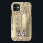 Elegant Monogrammed Gold Glitter Drips Gold Metal iPhone 11 Case<br><div class="desc">Modern,  girly gold glitter drips name and monogrammed iphone case. This design features yellow gold glitter sparkle drips on gold brushed metal background with custom personalised monogram initial and first name text template. Perfect feminine gift. If you need help or matching items,  please contact to me.</div>