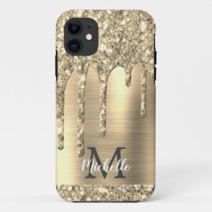 Elegant Monogrammed Gold Glitter Drips Gold Metal iPhone 11 Case