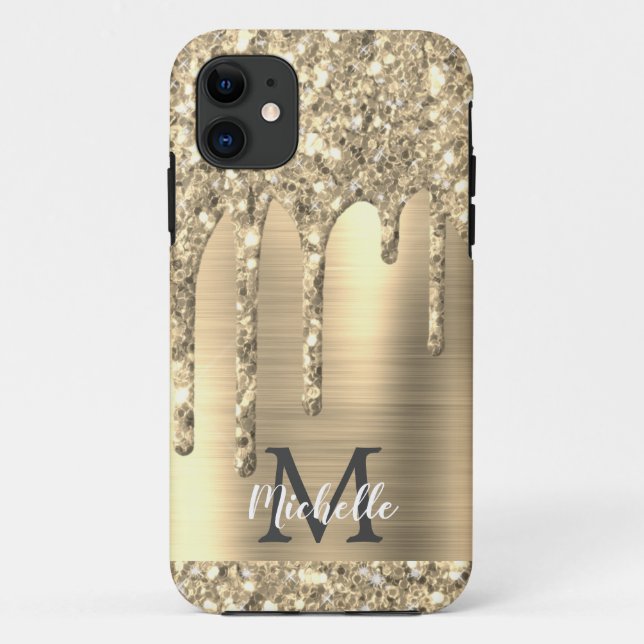 Elegant Monogrammed Gold Glitter Drips Gold Metal Case-Mate iPhone Case (Back)