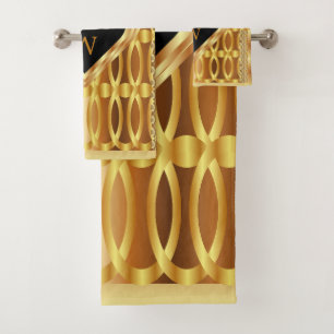 Elegant Monogrammed Gold Heart Geometric Bath Towel Set