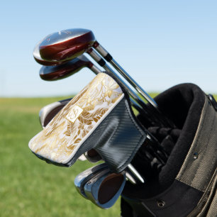 Elegant Monogrammed Gold Monstera Leaf Putter Golf Head Cover