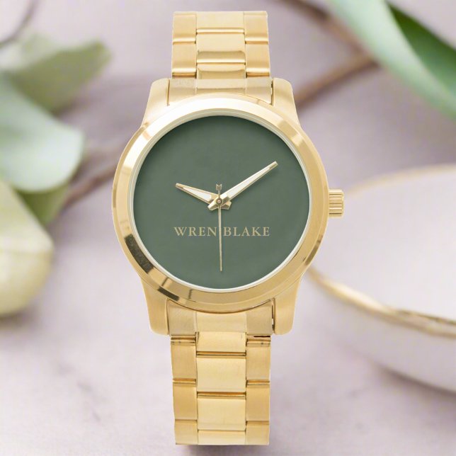 Elegant Monogrammed Gold Script & Sage Green  Watch (Creator Uploaded)