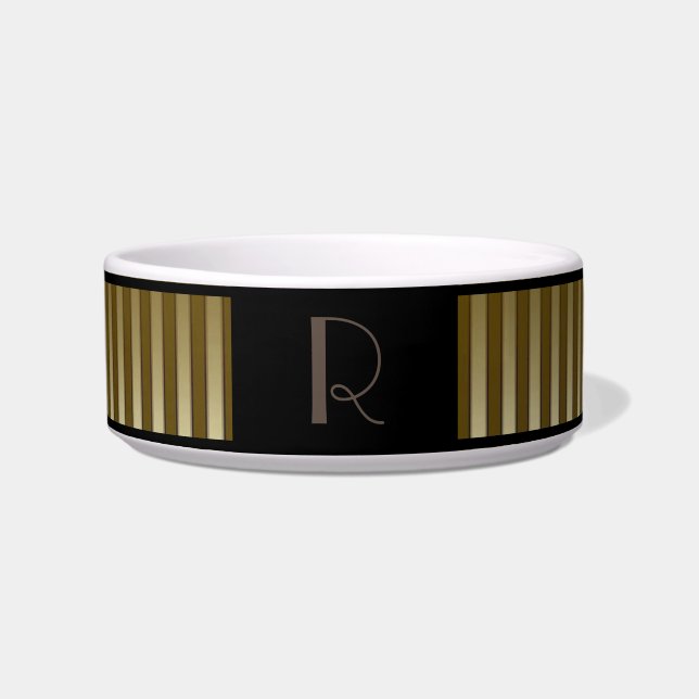 Elegant Monogrammed Gold Striped Pet Bowl (Front)