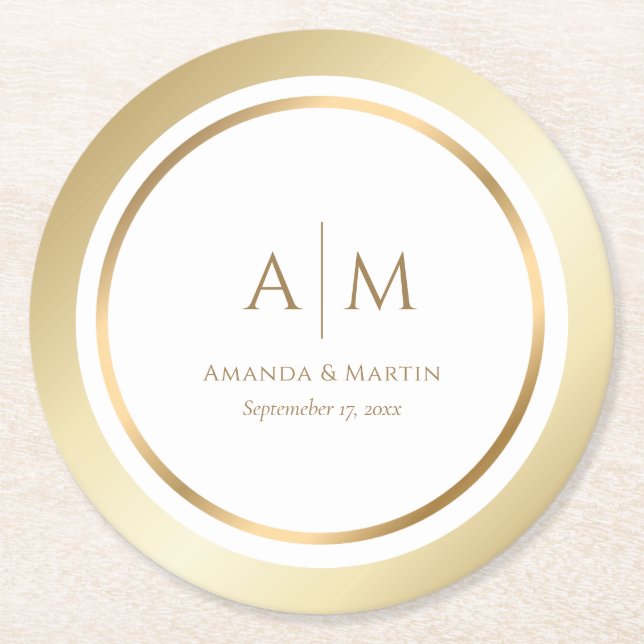 Elegant Monogrammed Gold Wedding Paper Coasters (Front)