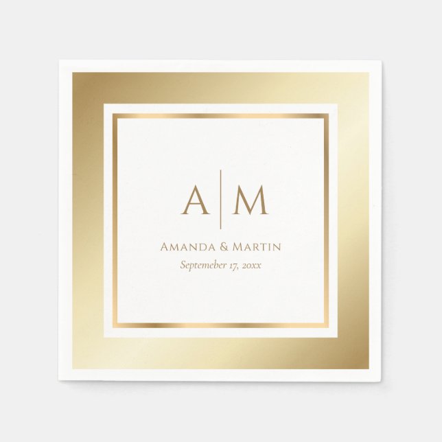 Elegant Monogrammed Gold Wedding Paper Napkins (Front)