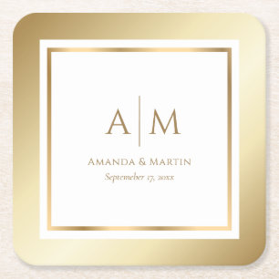 Elegant Monogrammed Gold Wedding Square Paper Coaster