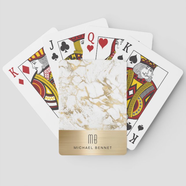 Elegant Monogrammed Gold White Marble Playing Cards (Back)