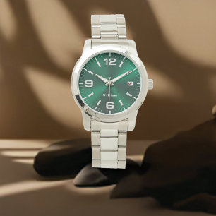 Elegant Monogrammed Green Brushed Metallic Watch