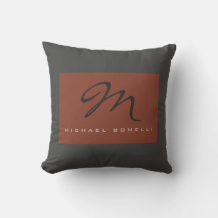 Elegant Monogrammed Grey Brown Handwriting Cushion