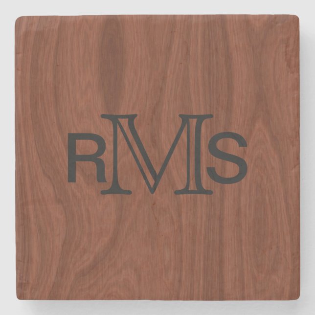 Elegant Monogrammed Initials | Mahogany Wood Grain Stone Coaster (Front)