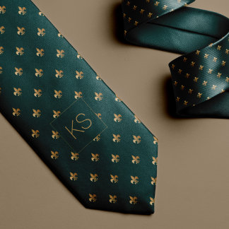 Elegant monogrammed luxury dark green gold tie