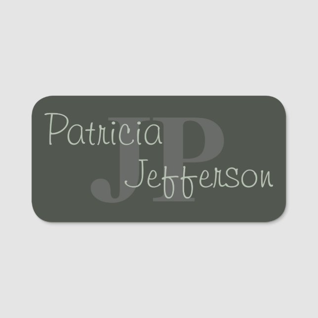 Elegant Monogrammed Moss Dark Green: Professional Name Tag (Front)