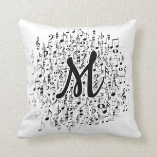 Elegant Monogrammed Musical Notes Pattern Cushion