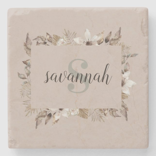 Elegant Monogrammed Name Blush Floral Stone Coaster (Front)