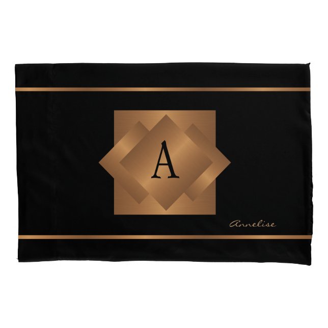 Elegant monogrammed name gold black bedroom pillowcase (Front)