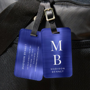 Elegant Monogrammed Navy Blue Brushed Metallic Luggage Tag