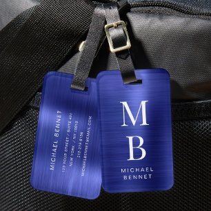 Elegant Monogrammed Navy Blue Brushed Metallic Luggage Tag
