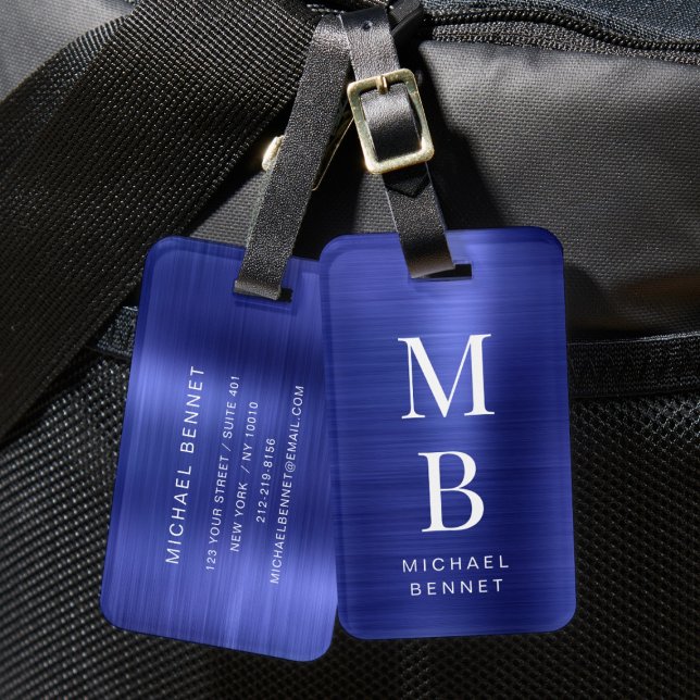 Elegant Monogrammed Navy Blue Brushed Metallic Luggage Tag (Elegant Monogrammed Navy Blue Brushed Metallic Luggage Tag)