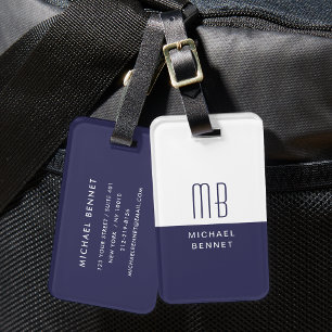 Elegant Monogrammed Navy Blue Luggage Tag