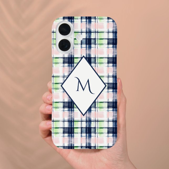 Elegant Monogrammed Navy Blue Pink Preppy Plaid  Case-Mate iPhone Case (Creator Uploaded)