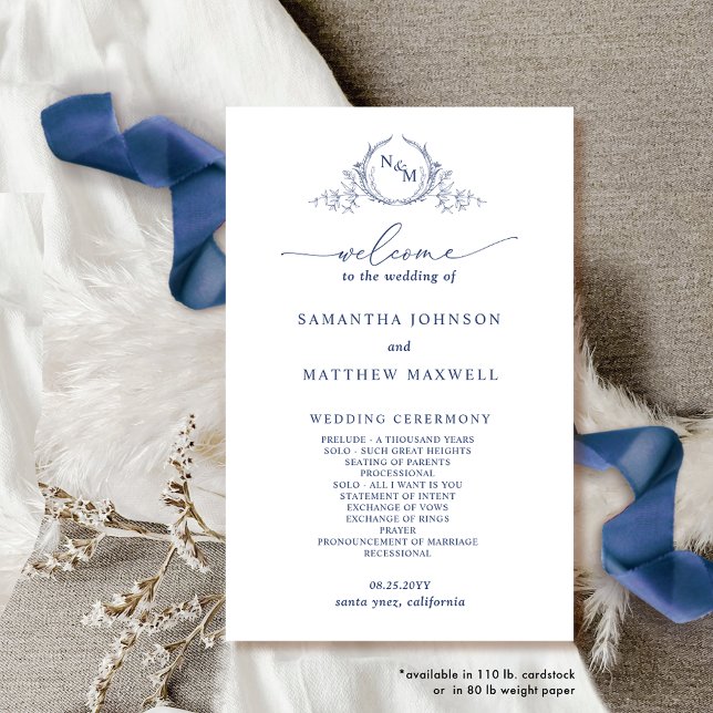 Elegant Monogrammed Navy Blue Wedding Program (Creator Uploaded)