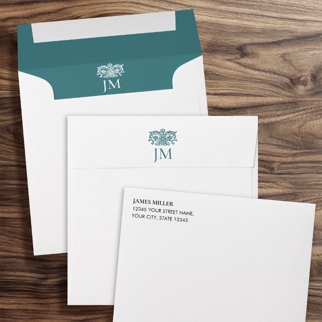 Elegant Monogrammed Ornate Floral Teal Envelope (Creator Uploaded)