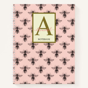 Elegant Monogrammed Pale Pink Bee patterned  Notebook