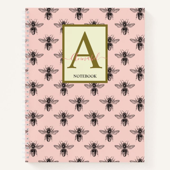Elegant Monogrammed Pale Pink Bee patterned  Notebook (Front)
