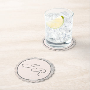 Elegant Monogrammed Peach and Grey Paper Coaster