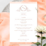 Elegant Monogrammed Peach Watercolor Wedding Menu<br><div class="desc">Welcome your guests to their table with this elegant monogrammed wedding menu, with exquisite hand drawn leafy monogram with couples initials, and peach watercolor border stripes. Back with beautiful watercolor wash in a variety of peach, cream, coral and dusty orange hues. Part of our "Peach Watercolor Botanical Monogram Wedding" Collection...</div>