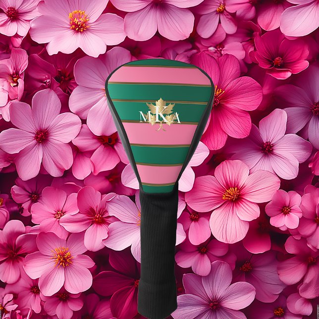 Elegant Monogrammed Pink and Green Golf Head Cover (Pink and Green Striped Monogrammed Golf Head Cover)