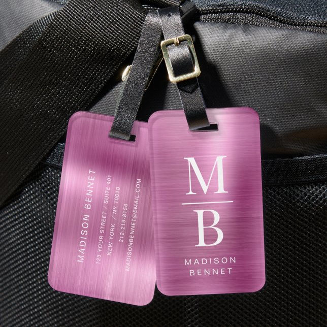 Elegant Monogrammed Pink Brushed Metallic Luggage Tag (Elegant Monogrammed Pink Brushed Metallic Luggage Tag)