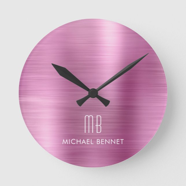 Elegant Monogrammed Pink Brushed Metallic Round Clock (Front)
