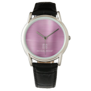 Elegant Monogrammed Pink Brushed Metallic Watch