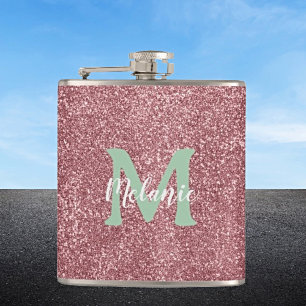 Elegant Monogrammed Pink Glitter  Hip Flask