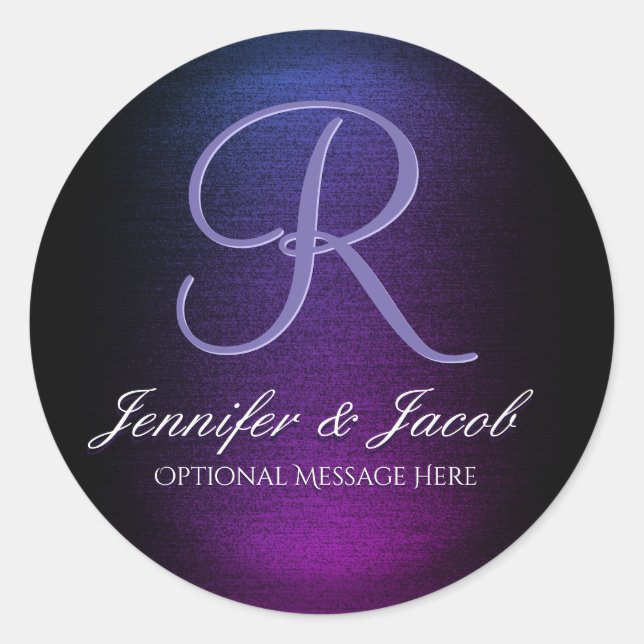 Elegant Monogrammed Purple and Black Classic Round Sticker (Front)