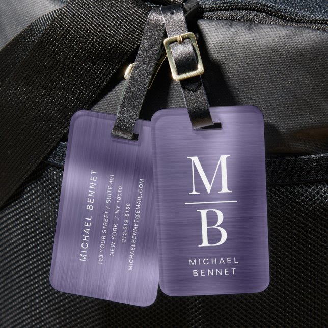 Elegant Monogrammed Purple Brushed Metallic Luggage Tag (Elegant Monogrammed Purple Brushed Metallic Luggage Tag)