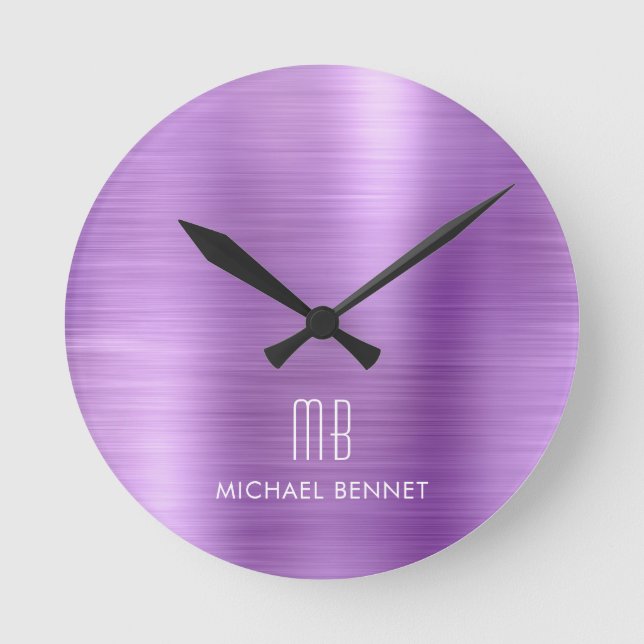 Elegant Monogrammed Purple Brushed Metallic Round Clock (Front)
